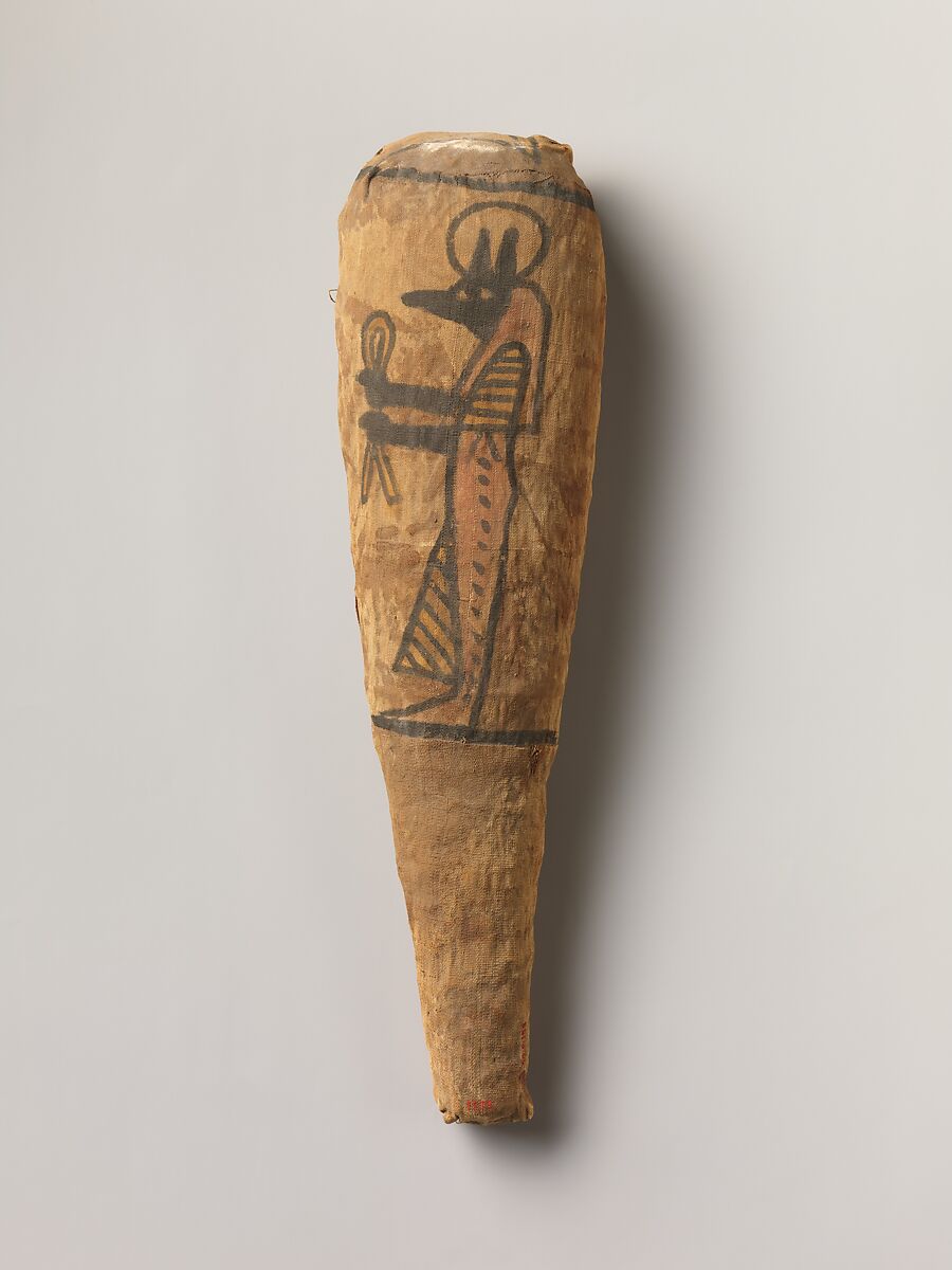 Sacred animal mummy in the form typical of a wrapped ibis, decorated with a figure of Duamutef, Linen, animal remains, paint 