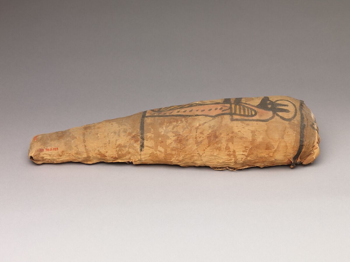 Sacred animal mummy in the form typical of a wrapped ibis, decorated with a figure of Duamutef, Linen, animal remains, paint