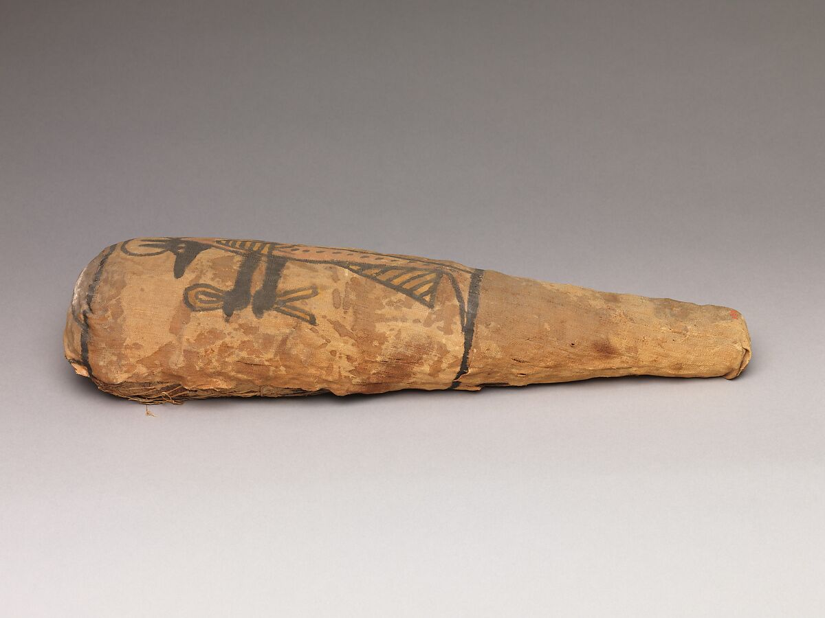 Sacred animal mummy in the form typical of a wrapped ibis, decorated with a figure of Duamutef, Linen, animal remains, paint