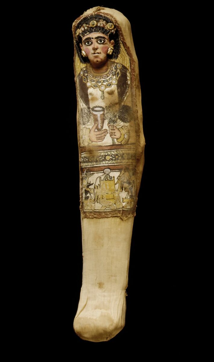 Mummy with a Painted Mask Depicting a Woman Holding a Goblet, Human remains, linen, plaster, paint, mummification material 
