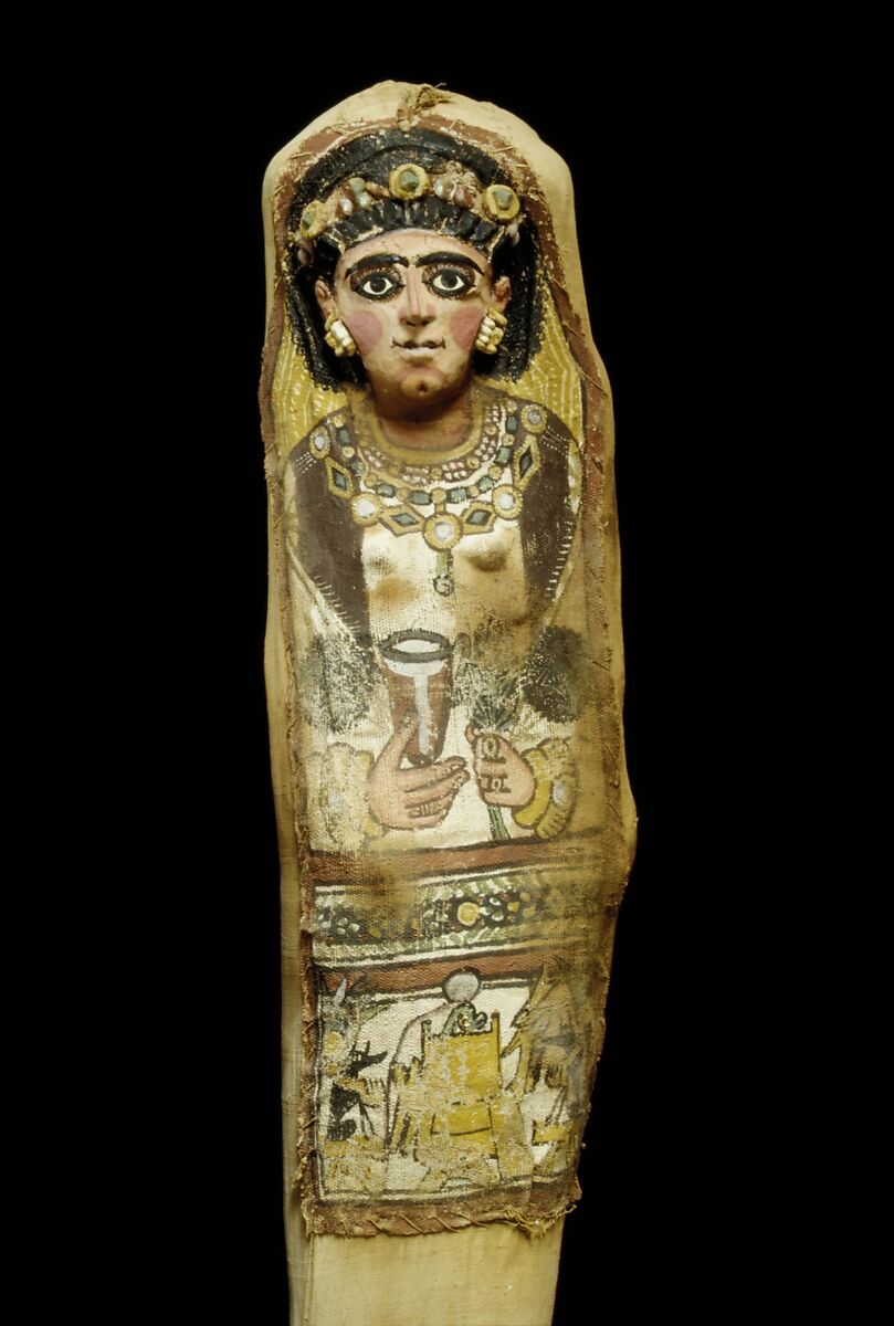 Mummy with a Painted Mask Depicting a Woman Holding a Goblet, Mummified human body, linen, plaster, paint, mummification material