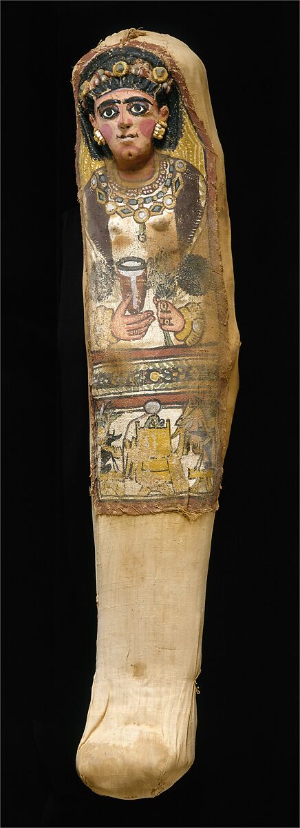 Mummy with a Painted Mask Depicting a Woman Holding a Goblet, Mummified human body, linen, plaster, paint, mummification material