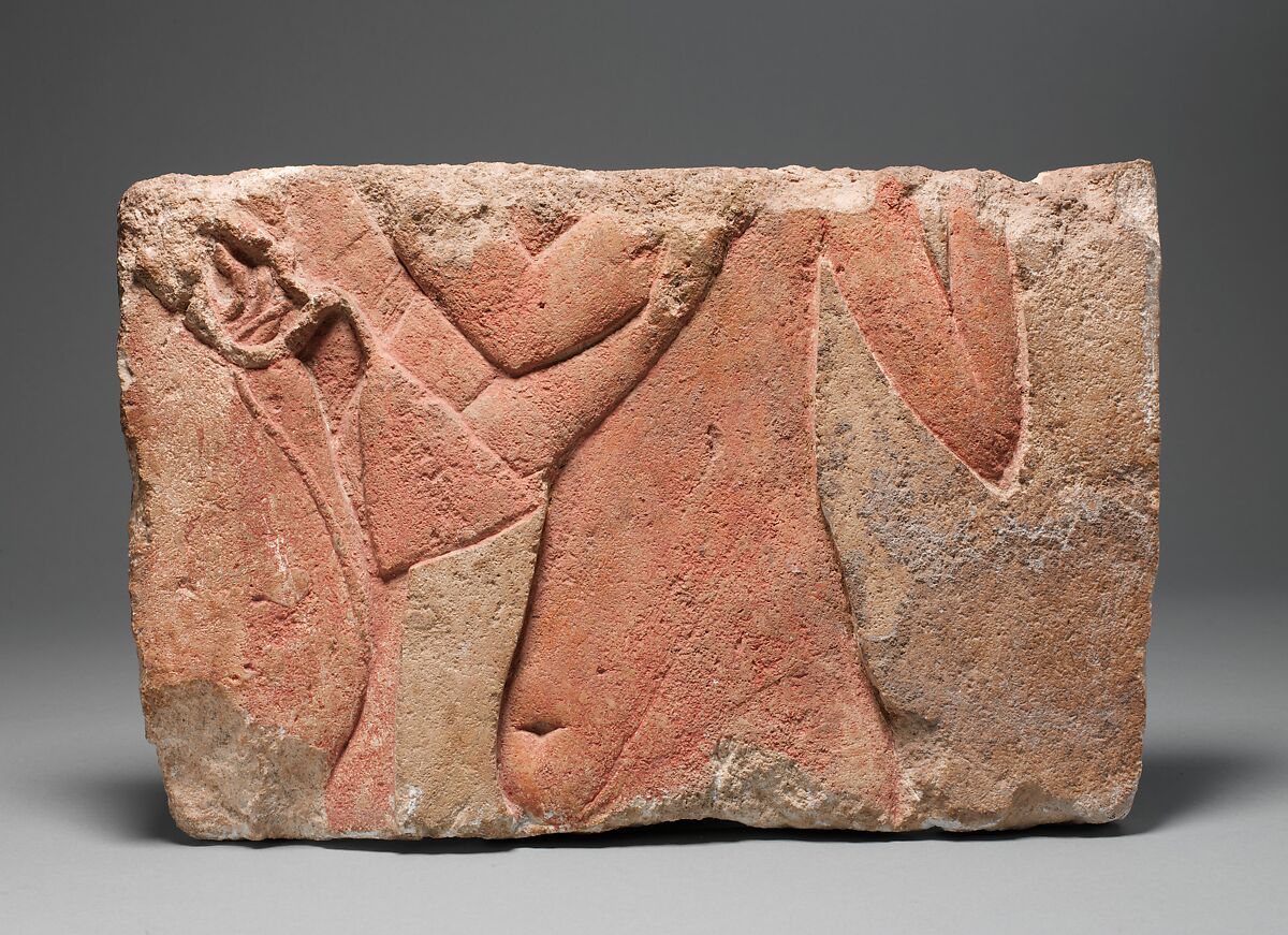 Relief with two royal male figures, Limestone, paint 