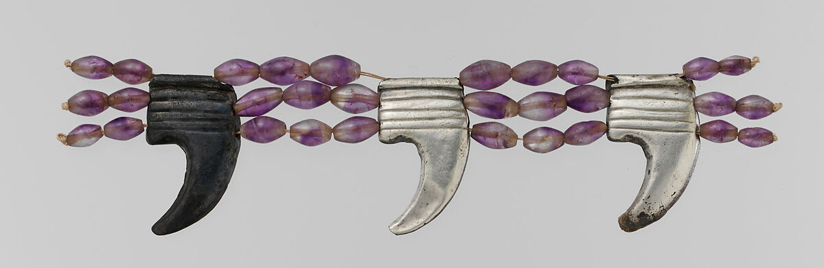 Anklet, Reconstructed Using Claw Pendants and Barrel Beads, Silver over wood core, amethyst 