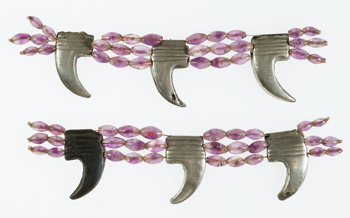 Anklet, Reconstructed Using Claw Pendants and Barrel Beads, Silver over wood core, amethyst