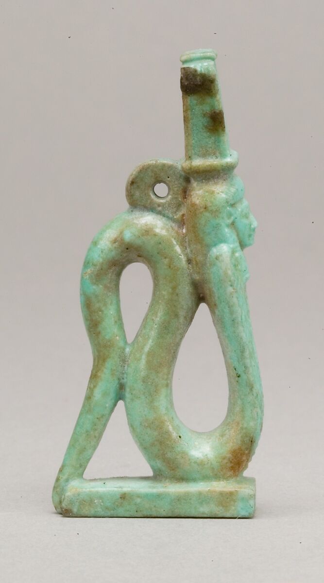 Amulet of a rearing cobra with a Hathor-emblem head, Faience
