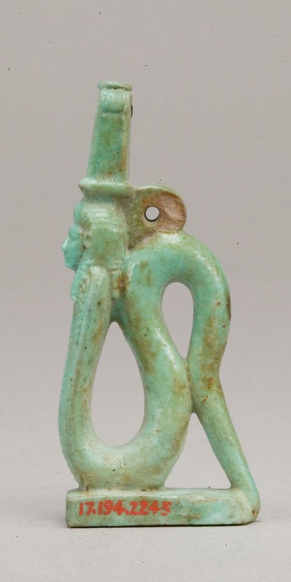 Amulet of a rearing cobra with a Hathor-emblem head, Faience