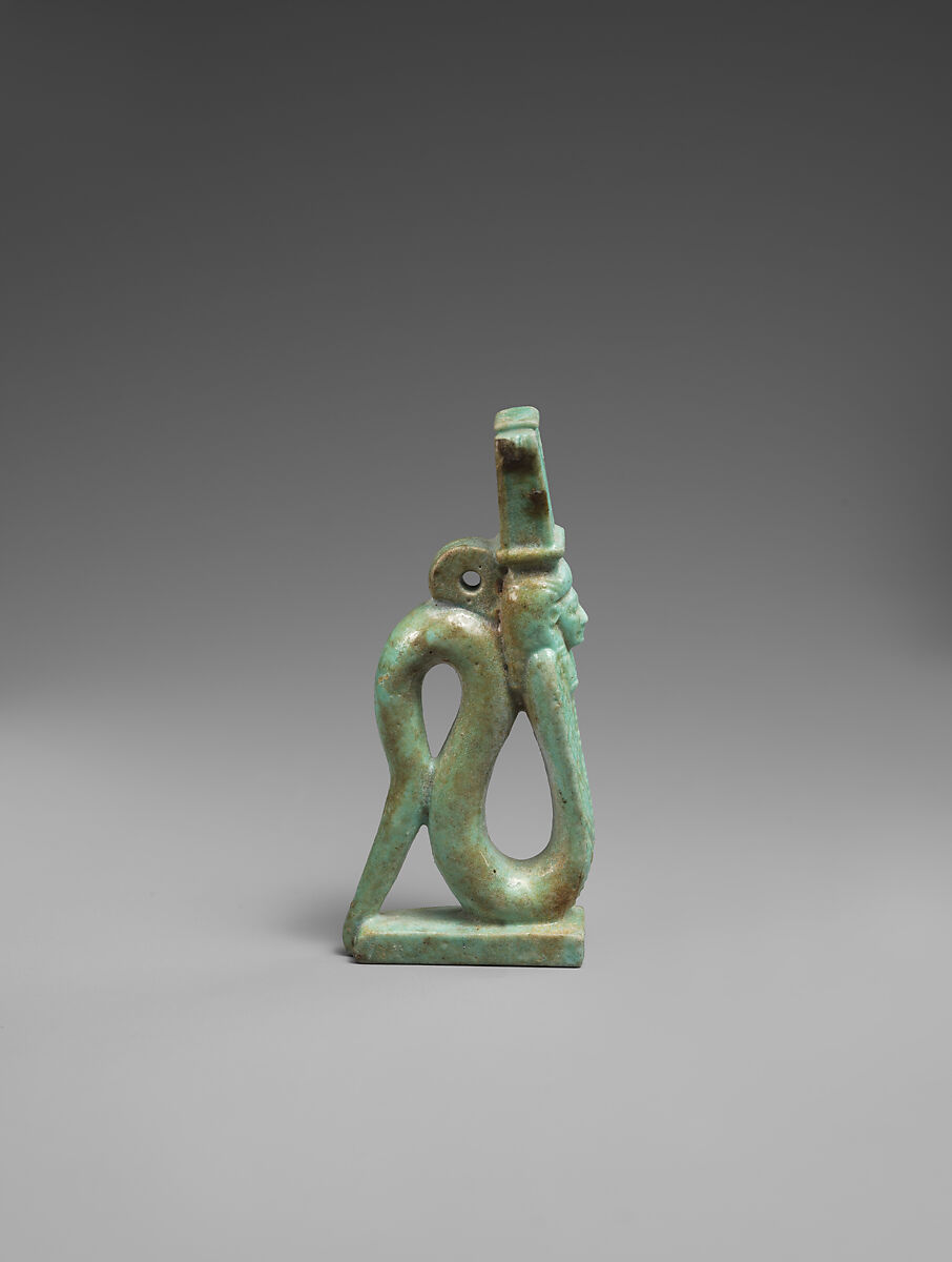 Amulet of a rearing cobra with a Hathor-emblem head, Faience