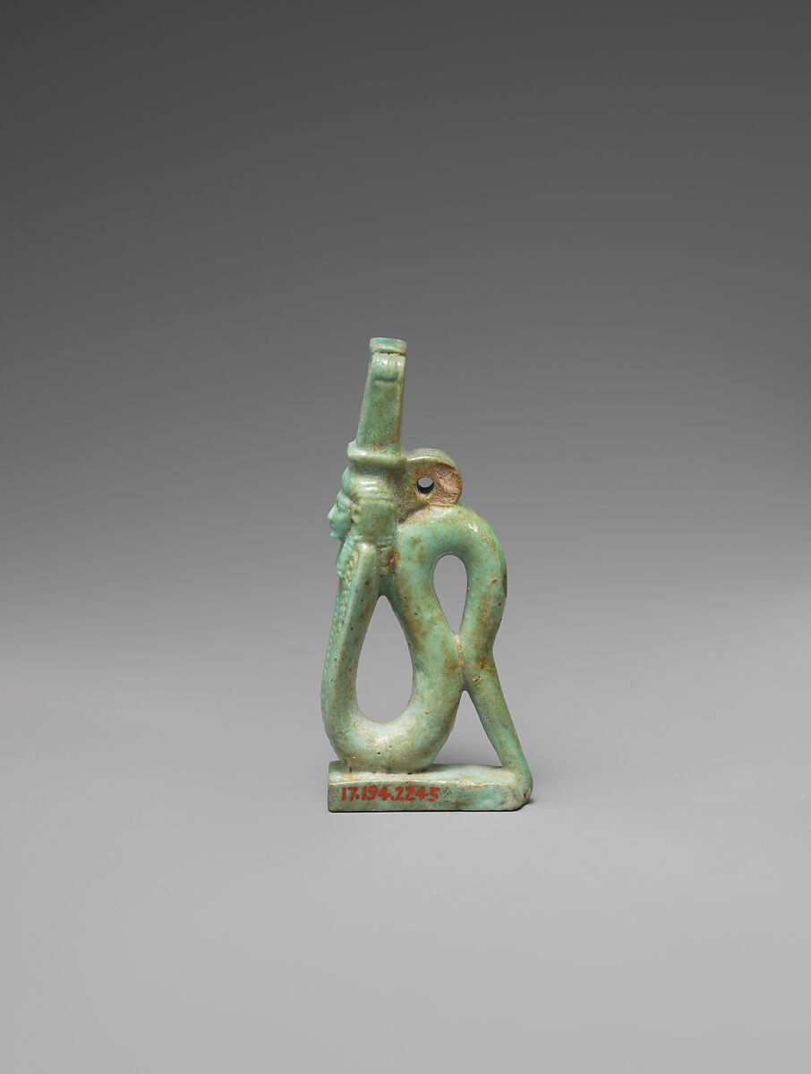 Amulet of a rearing cobra with a Hathor-emblem head, Faience