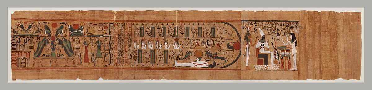 <em>Amduat</em> ("What is in the Netherworld") papyrus inscribed for Gautsoshen, Papyrus, ink, paint