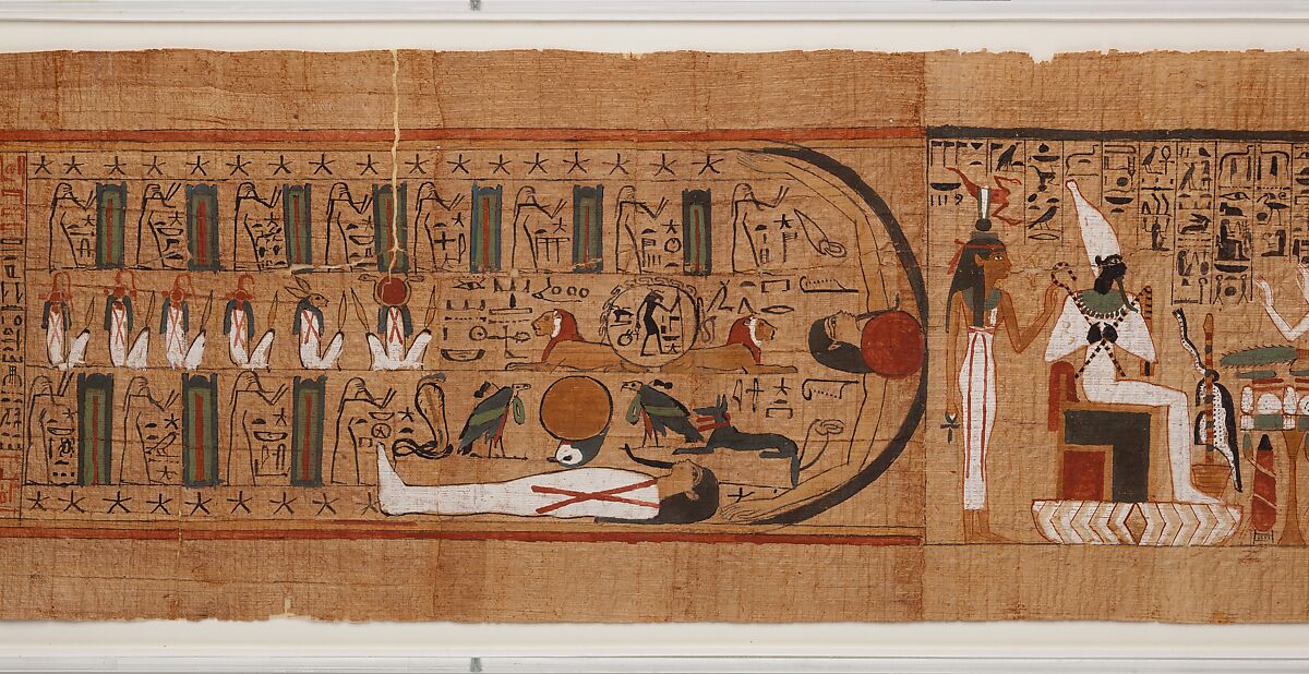 <em>Amduat</em> ("What is in the Netherworld") papyrus inscribed for Gautsoshen, Papyrus, ink, paint