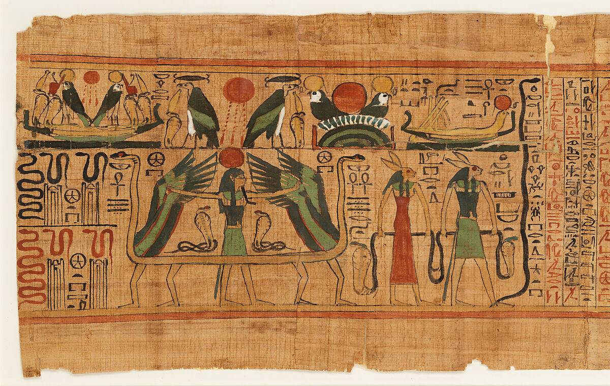<em>Amduat</em> ("What is in the Netherworld") papyrus inscribed for Gautsoshen, Papyrus, ink, paint