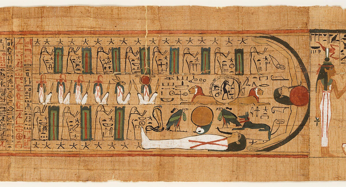 <em>Amduat</em> ("What is in the Netherworld") papyrus inscribed for Gautsoshen, Papyrus, ink, paint