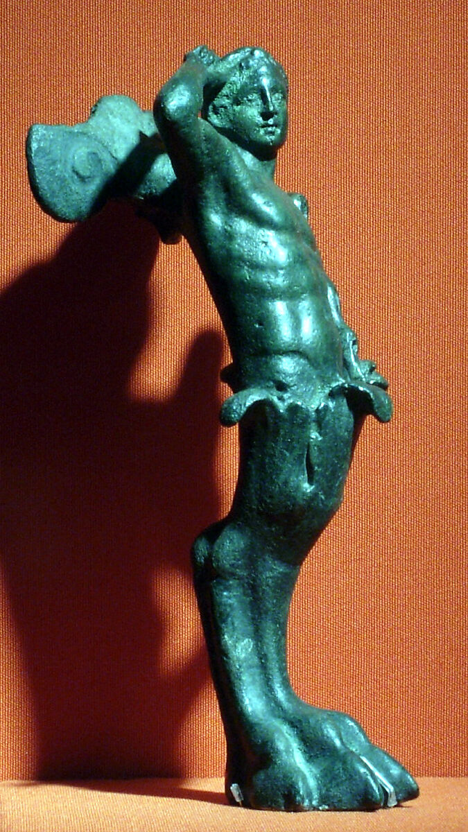 Vessel support combining the upper body of Herakles and a lion's foot, Bronze 