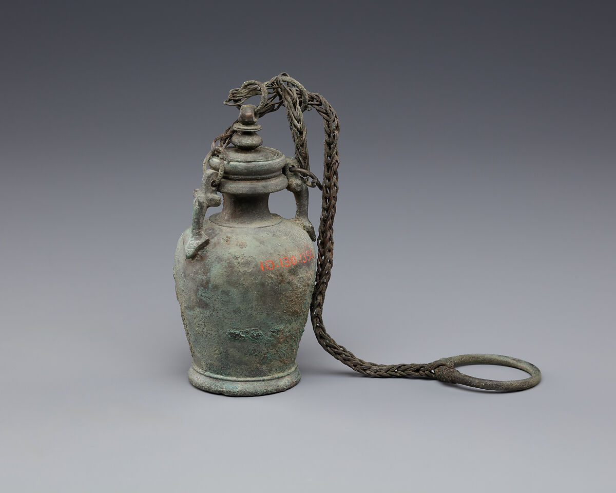Bottle with stopper and suspension ring, possibly intended for unguent, Bronze or copper alloy