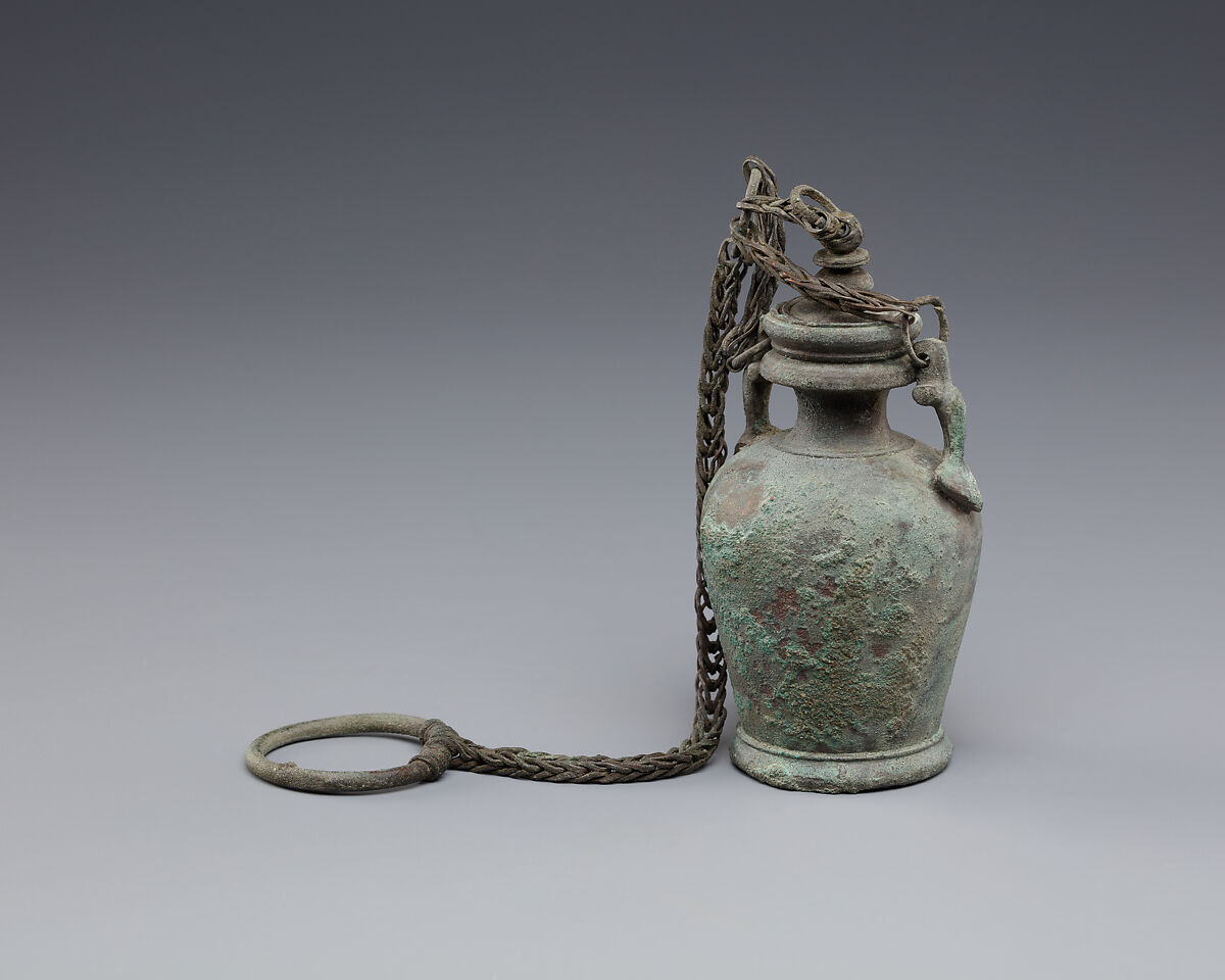 Bottle with stopper and suspension ring, possibly intended for unguent, Bronze or copper alloy