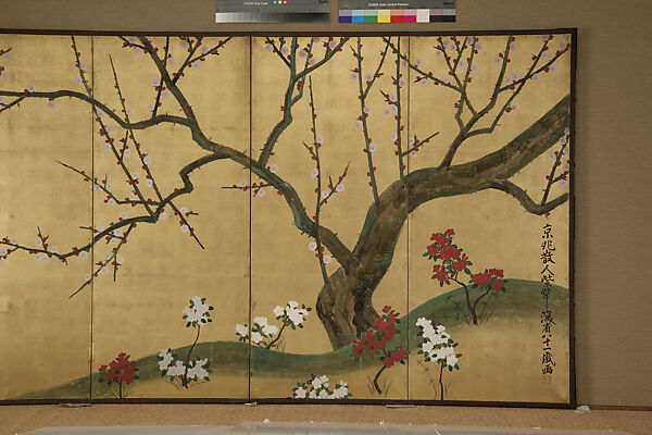 Plum Tree and Hollyhocks, Ogata Kenzan (Japanese, 1663–1743), Pair of six-panel folding screens; ink and color on gilt paper, Japan 