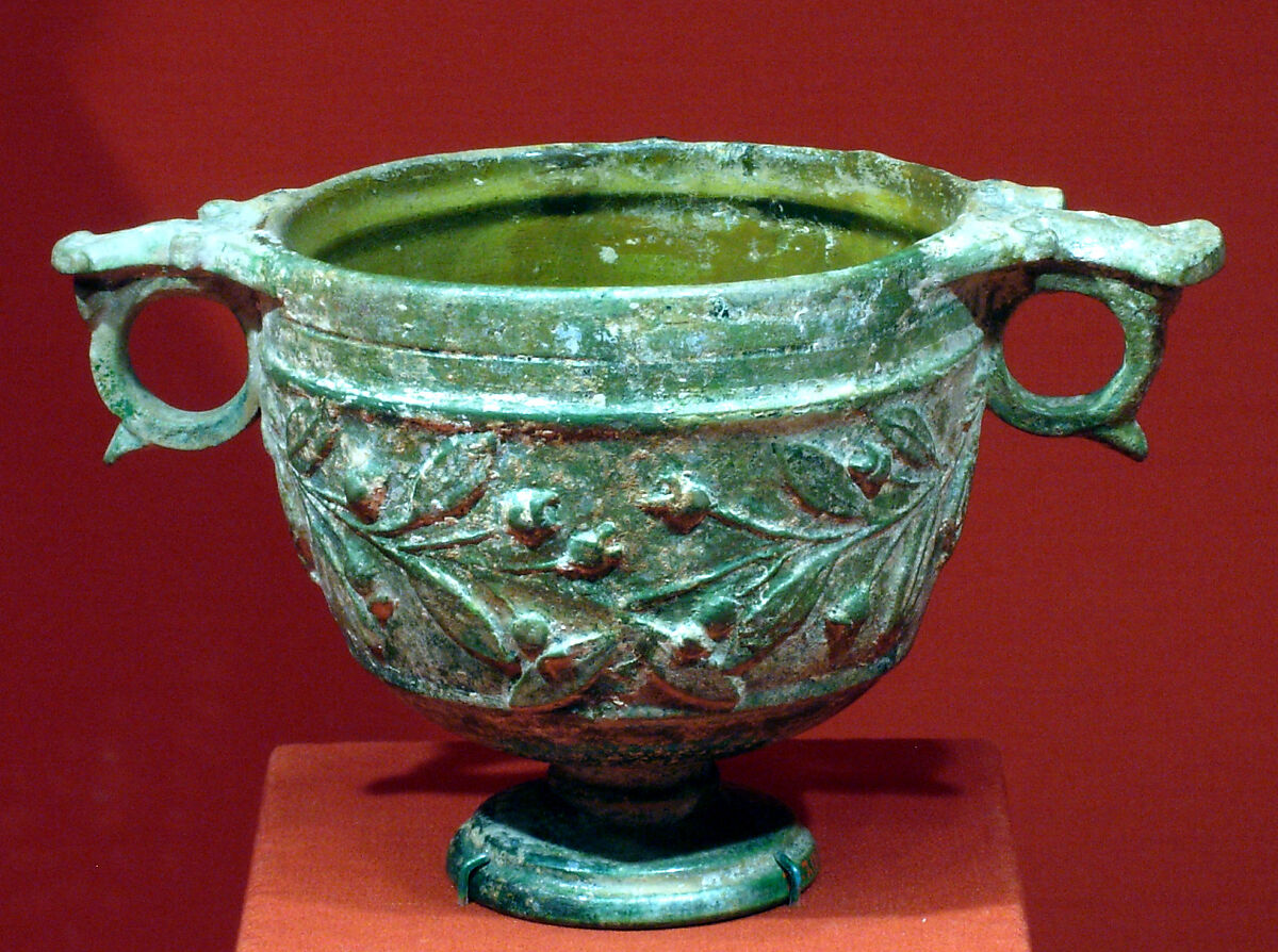 Skyphos (footed wine-cup) with laurel sprays on the body, Lead glazed terracotta 