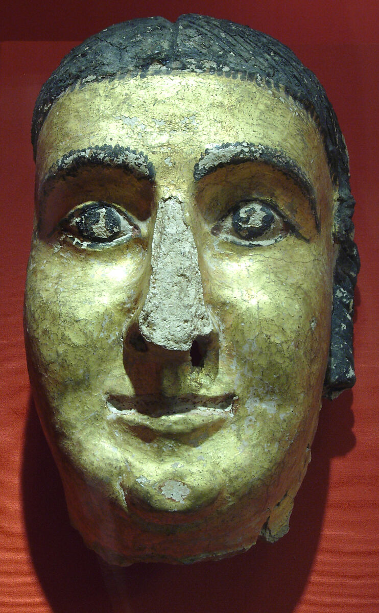 Mask of a woman with cosmetic lines and gilding, Plaster, paint, gold leaf 