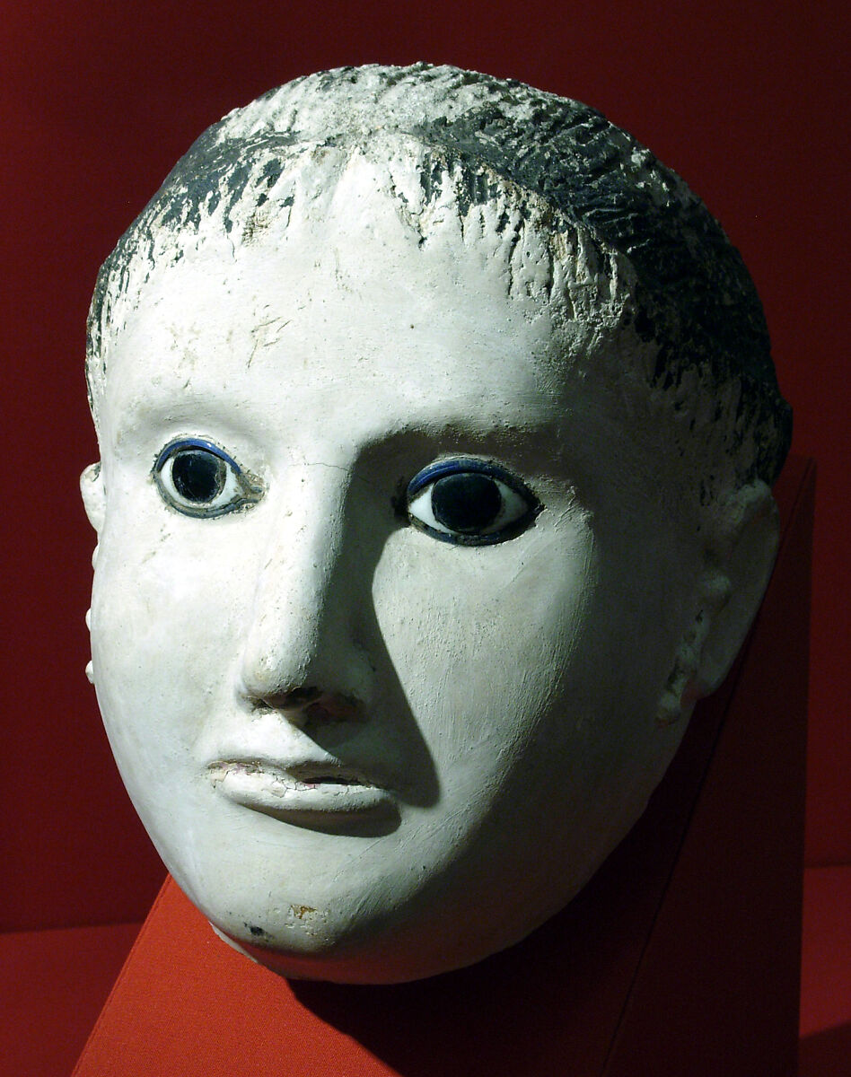 Mask of a woman with her hair rolled back at the forehead and temples, Plaster, paint, glass 