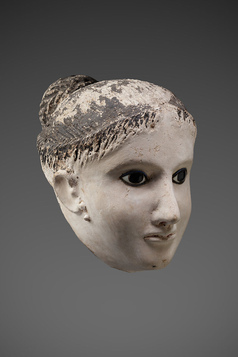 Mask of a woman with her hair rolled back at the forehead and temples, Plaster, paint, glass