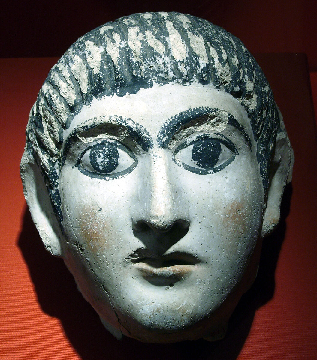 Mask of a man with hair combed forward and a mantle, Plaster, paint 