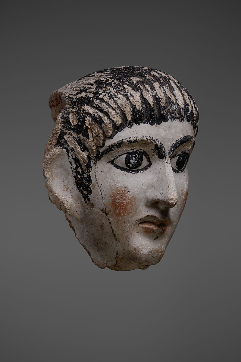 Mask of a man with hair combed forward and a mantle, Plaster, paint