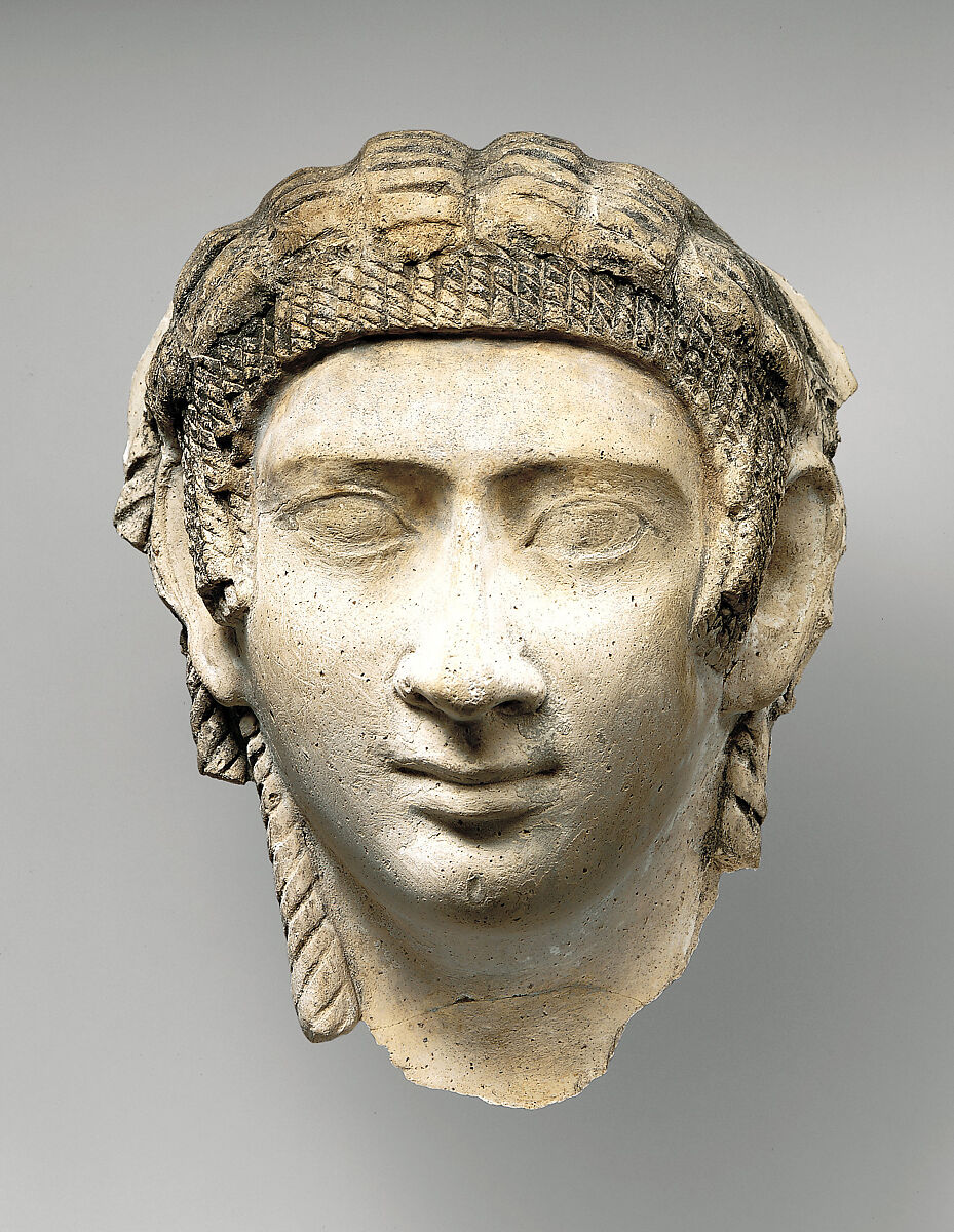 Mask of a woman with corkscrew locks and bang, Plaster, paint 