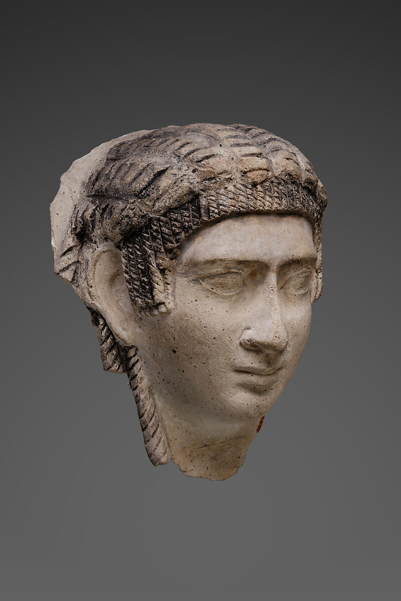 Mask of a woman with corkscrew locks and bangs, Plaster, paint