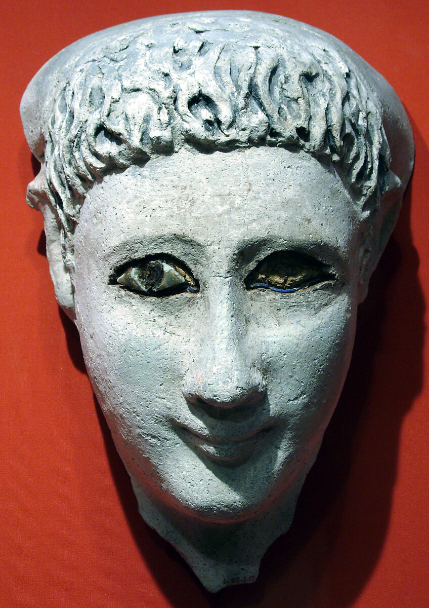 Mask of a man with loose hair combed forward and a mantle, Plaster, paint, glass 