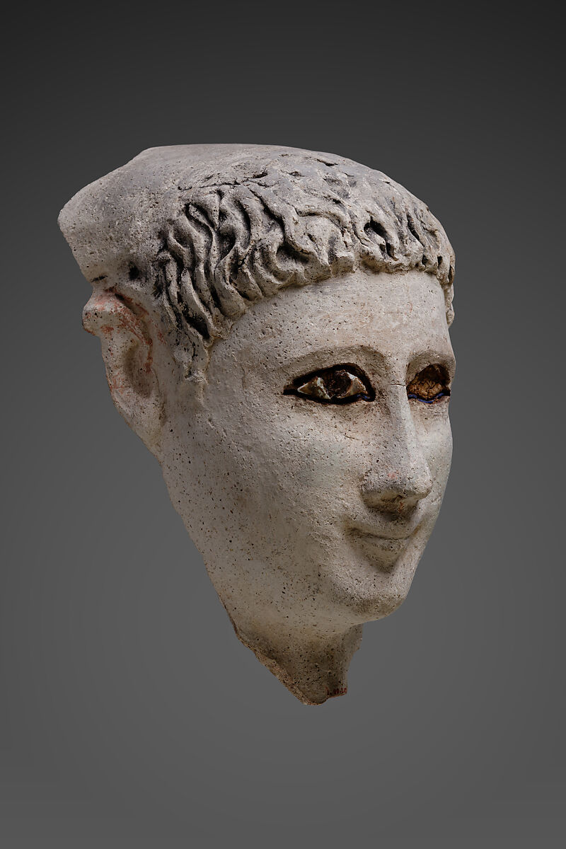 Mask of a man with loose hair combed forward and a mantle, Plaster, paint, glass