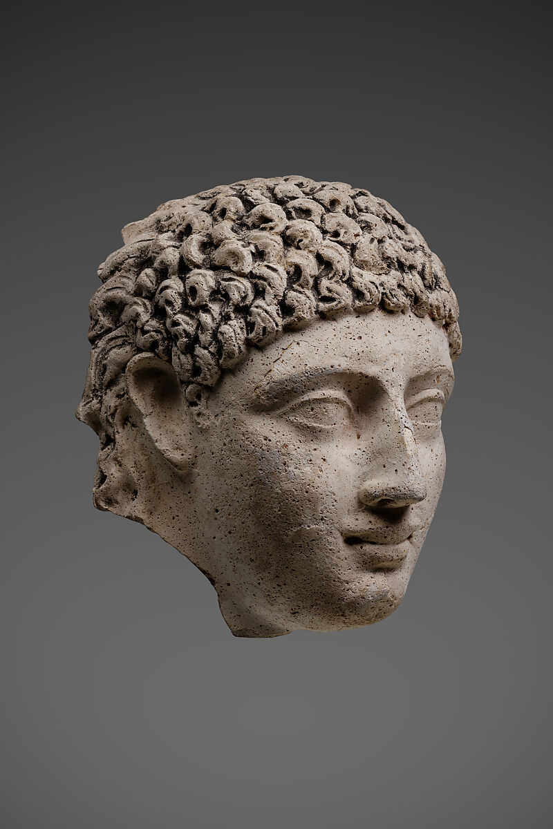 Mask of a young person with an unusual hairstyle, Plaster, paint