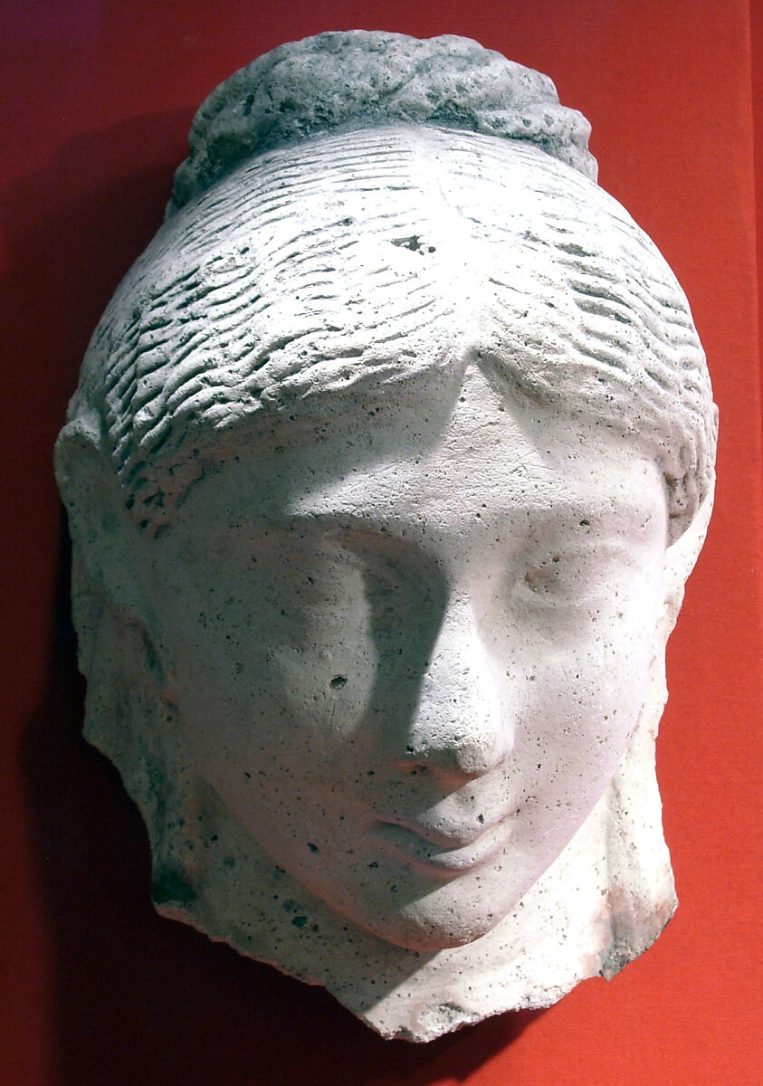 Mask of a woman with an austere hairstyle, Plaster, paint 