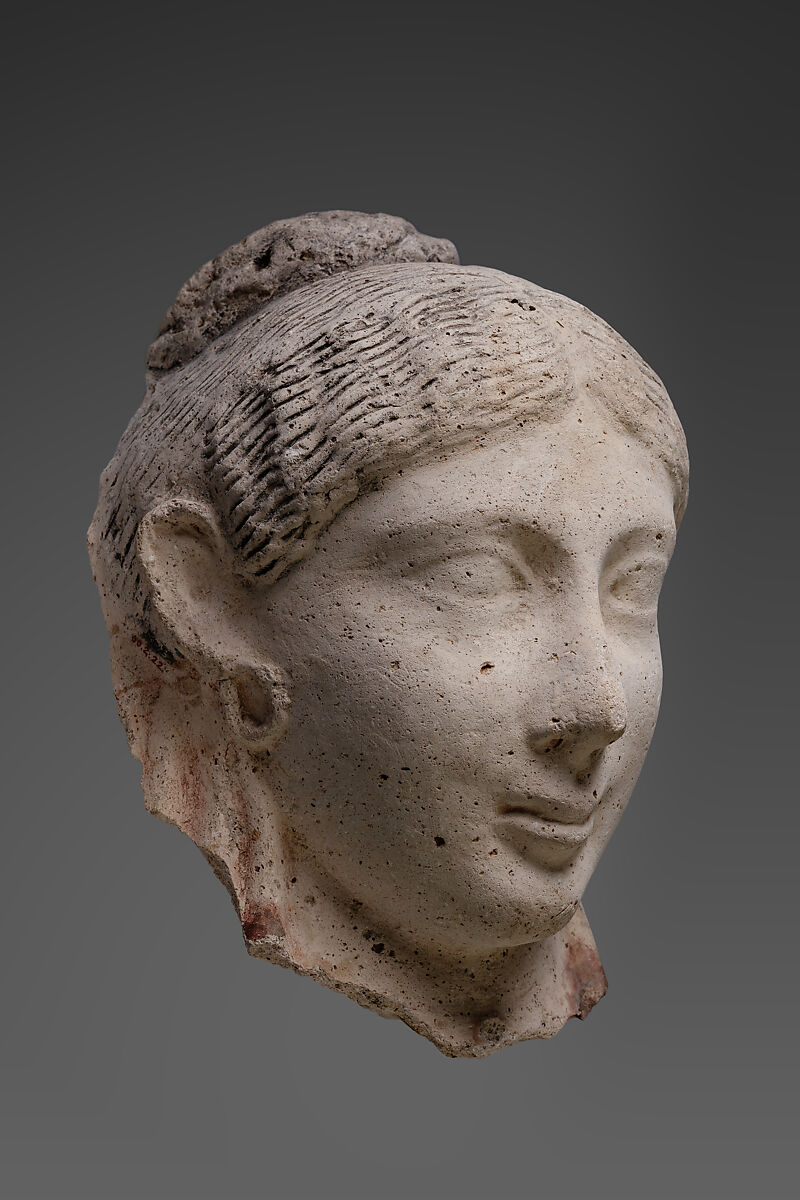 Mask of a woman with an austere hairstyle, Plaster, paint