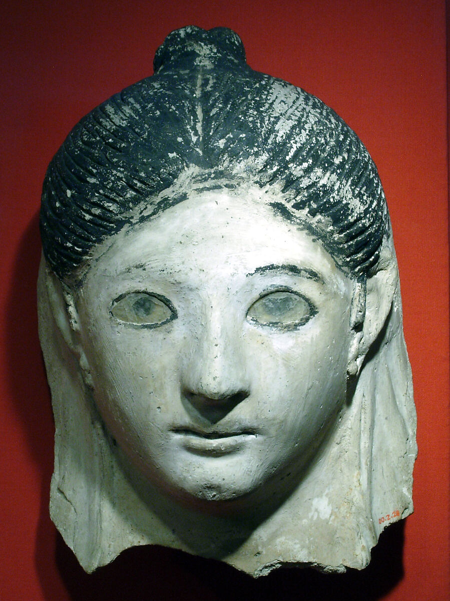 Mask of a woman with her hair in a small knot, Plaster, paint, glass 