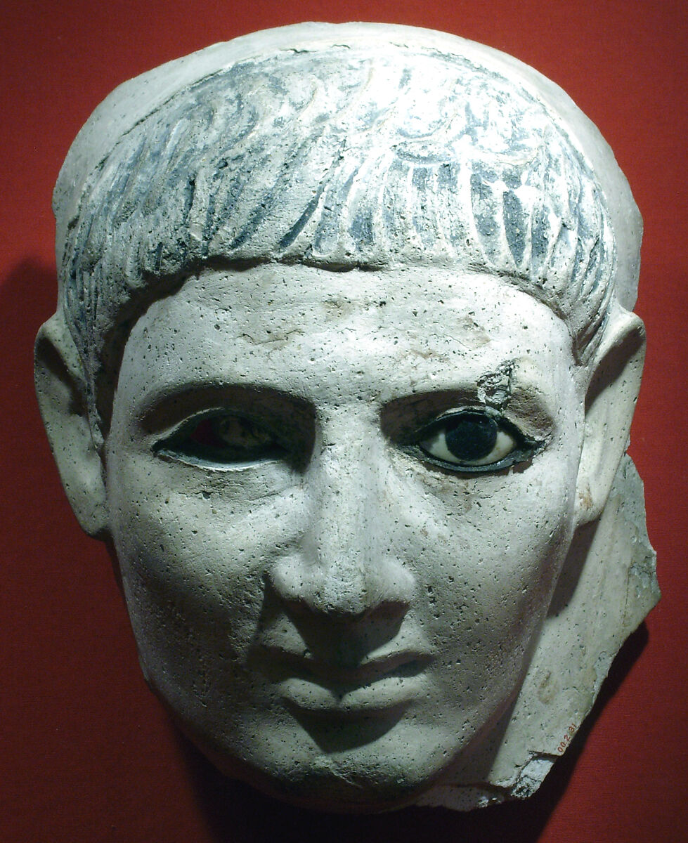 Mask of a man who wore a striped headcloth, Plaster, paint, glass 