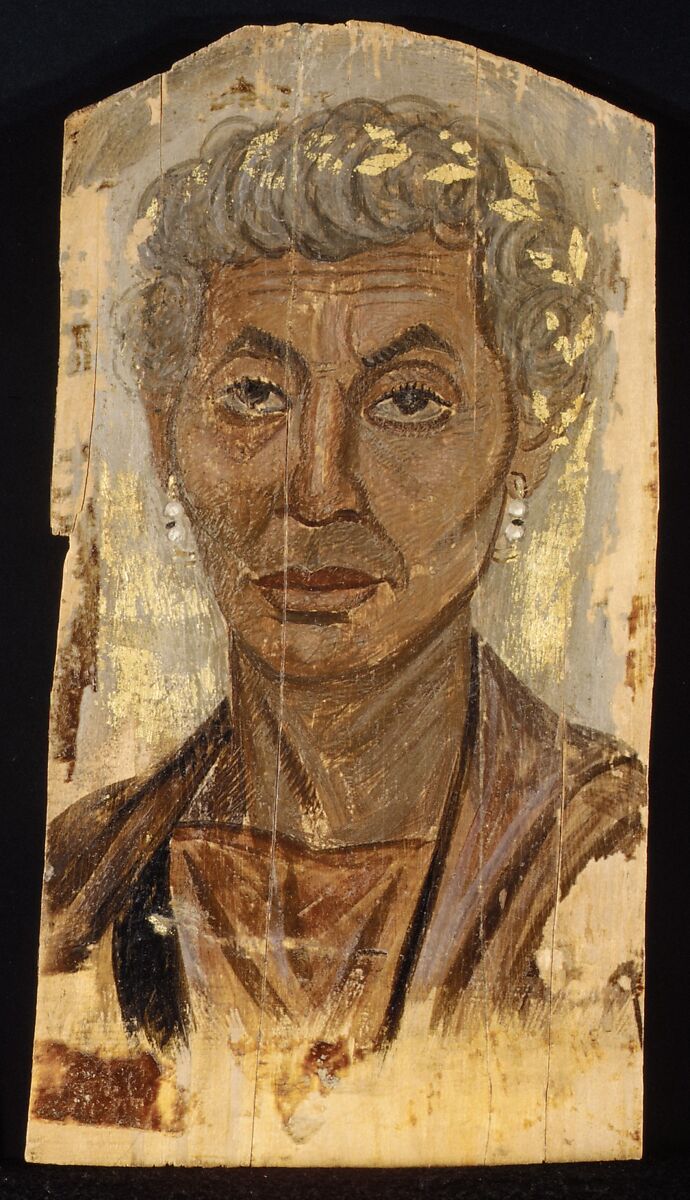 Portrait of an elderly lady with a gold wreath, Encaustic on limewood 