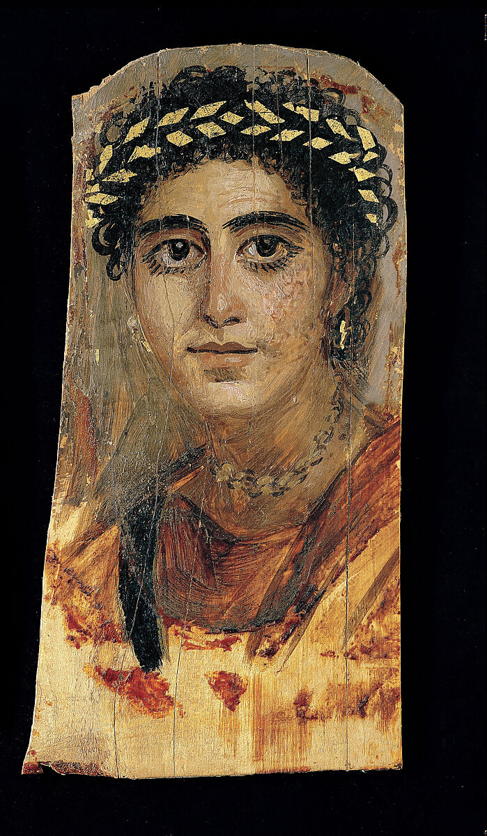 Portrait of a young woman in red, Encaustic on limewood with gold leaf