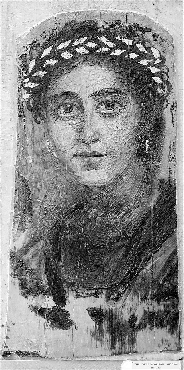 Portrait of a young woman in red, Encaustic on limewood with gold leaf