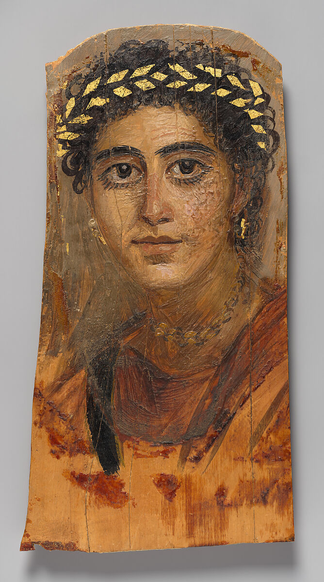 Portrait of a young woman in red, Encaustic on limewood with gold leaf