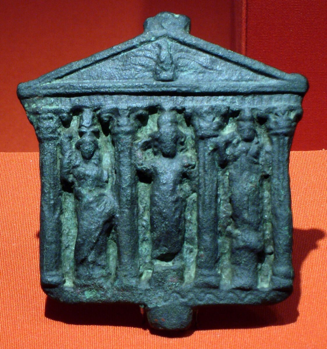 Plaque representing a Greco-Roman type temple with Corinthian columns, Bronze or copper alloy 