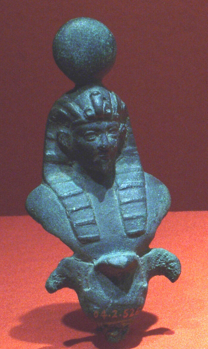 Finial with nemes and crowned figure, probably Osiris, Bronze 