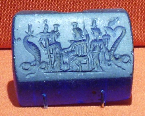 Plaque depicting Thermouthis, Demeter, Serapis, Isis, Agathodaimon, Blue glass 