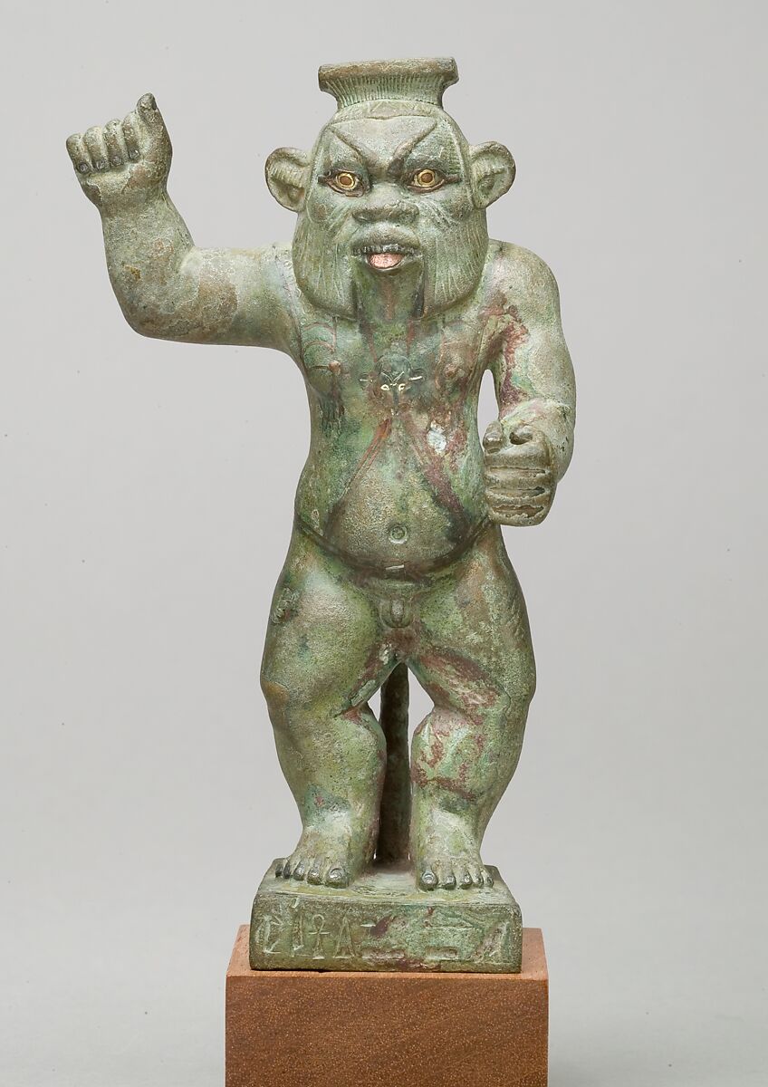 Bes-image of the god Hor-Asha-Khet, Bronze; gold, electrum, auriferous-silver, copper and copper-alloy inlays