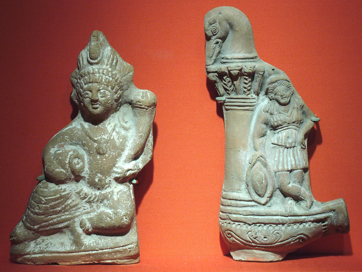 Harpokrates with double crown, cornucopia, and pot, Terracotta, traces of white slip 