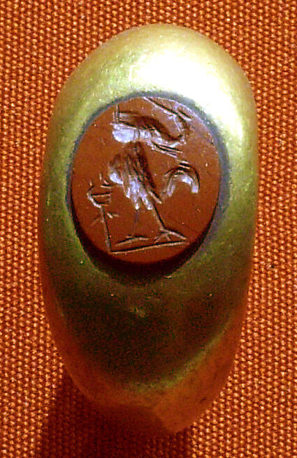 Ring with a gem with magical device of a composite figure with an unidentifiable object and a caduceus, Gold, jasper 
