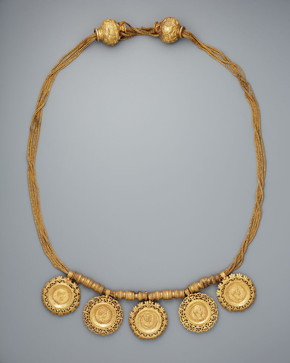 Collar with medallions containing coins of emperors, Gold