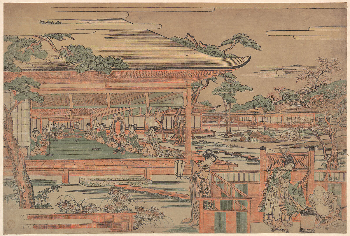 Ushiwaka, the Young Yoshitsune Serenading Jorurihime, Kitao Shigemasa (Japanese, 1739–1820), Woodblock print; ink and color on paper, Japan 