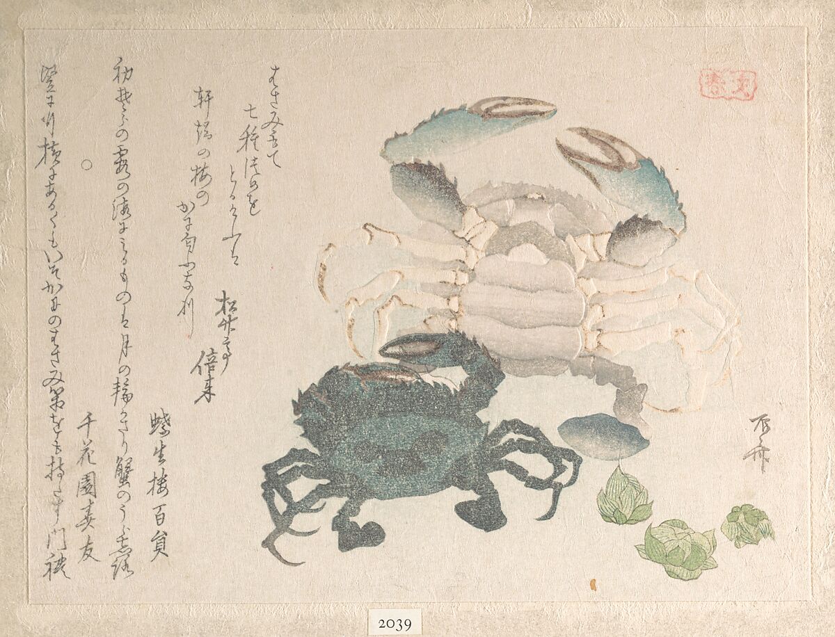 Spring Rain Collection (Harusame shū), vol. 1: Crabs and Lotus Blossoms, Ryūryūkyo Shinsai (Japanese, active ca. 1799–1823), Privately published woodblock prints (surimono) mounted in an album; ink and color on paper, Japan 