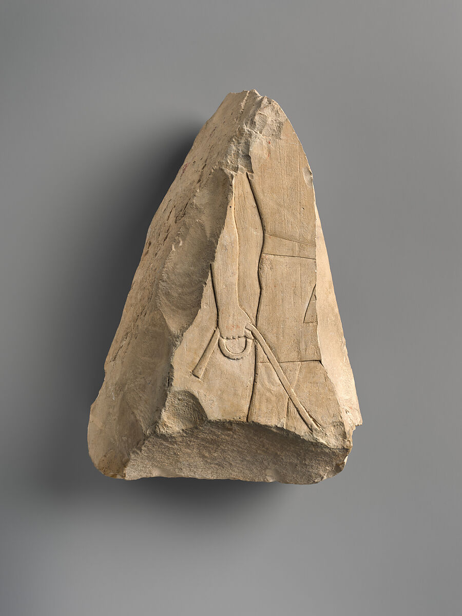 Raised relief fragment of a man bringing a leashed animal, Limestone 